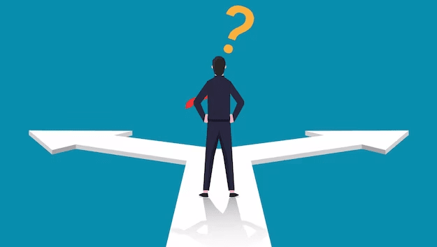 Businessman on arrow with question mark symbolizing decisions