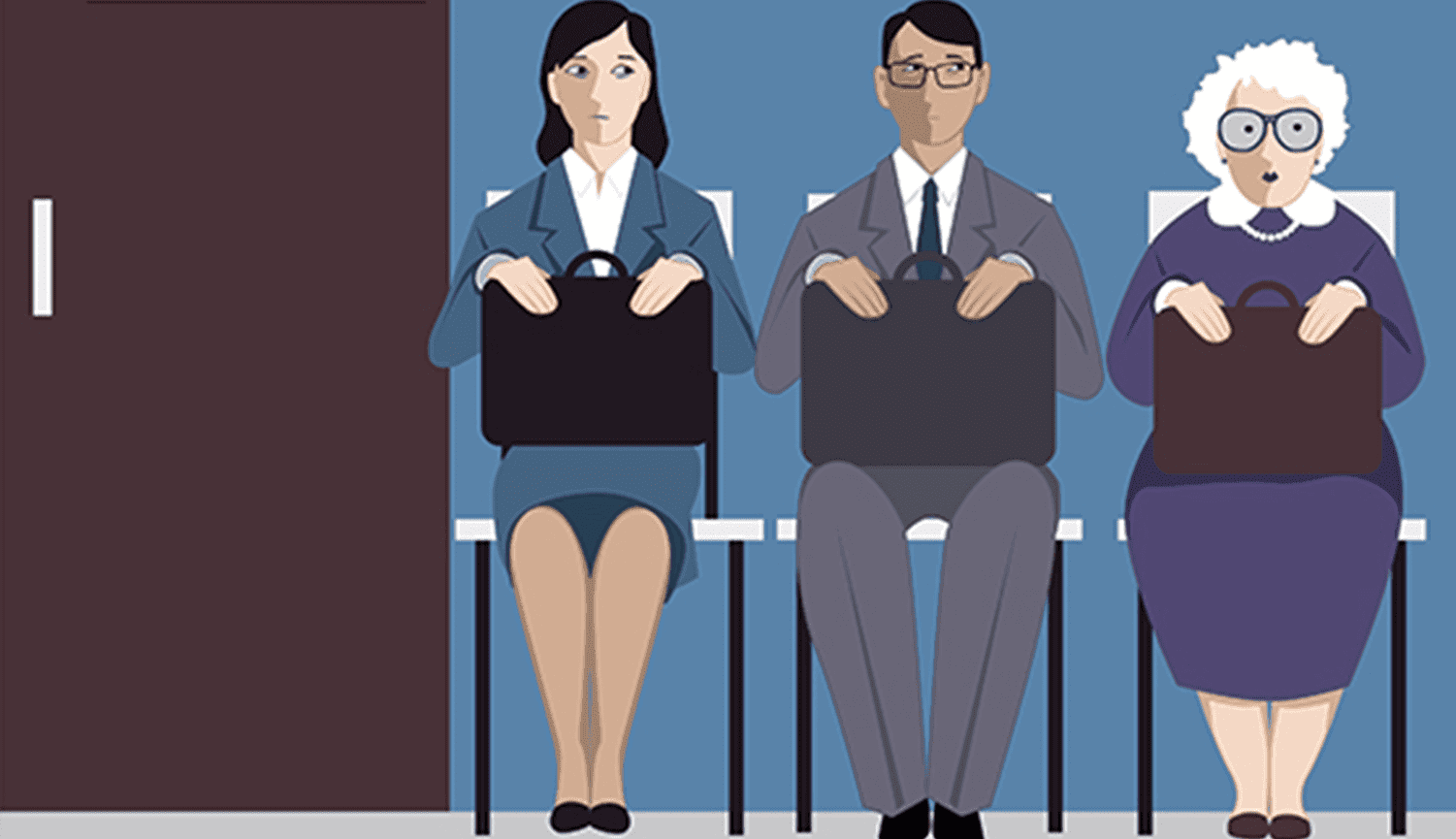 Three people with briefcases in conversation.